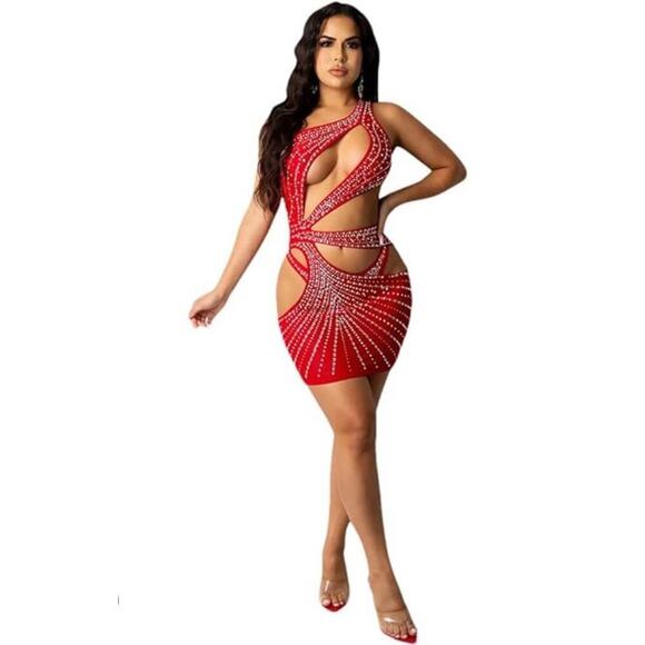 🦋B2G1🦋WESTERN FASHION One-shoulder Rhinestone Mesh Hollow Out Mini Dress & Panty - Picture 1 of 5